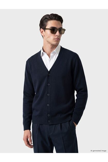 Lcwaikiki Classic Navy Blue Regular Fit V-Neck Men's Knitwear Cardigan