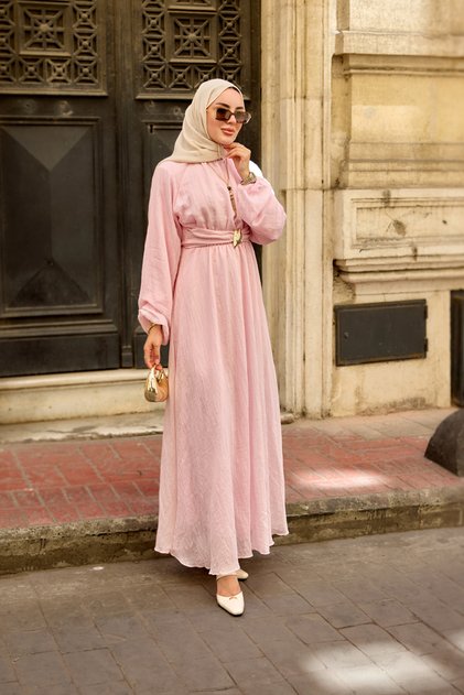 Women's Front Bronchus Detailed Tulle Dress with Inner Lining Powder