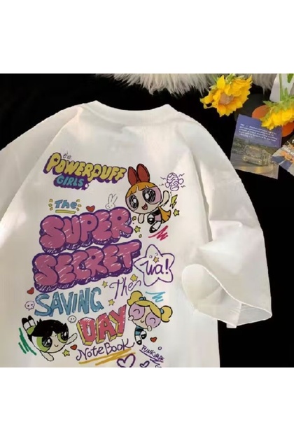 Powerpuff Girls Printed White Oversize Unisex T-Shirt Basic Comfortable Fit Daily Tshirt