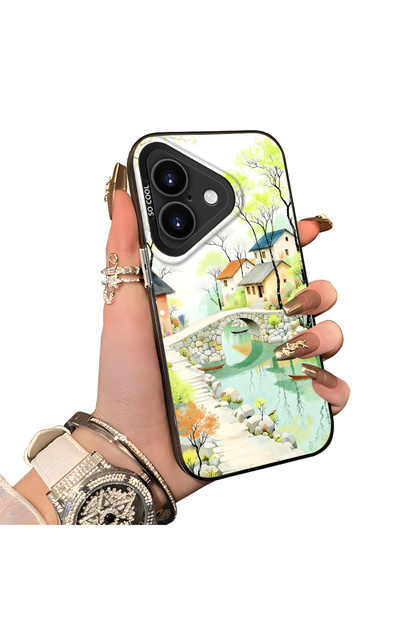 iPhone 17 Compatible Silicone Edge Hard Back Case Couple Phone Case Landscape Pattern
