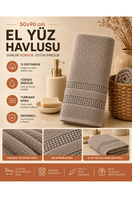 Mink 50X90 cm Hand and Face Towel 100% Cotton Soft Textured High Absorbent Towel with Border