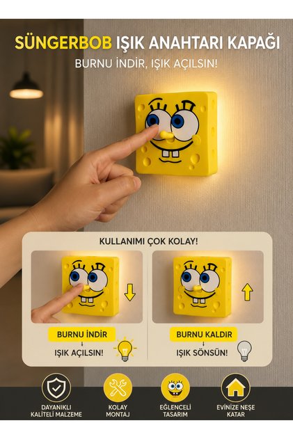 Sünger Bob Işık Anahtarı Kapağı | Burnu Hareketli Işık Açma Kapama Aparatı | Dekoratif Çocuk Odası Anahtar Süsü | SpongeBob Anahtar Aksesuarı
