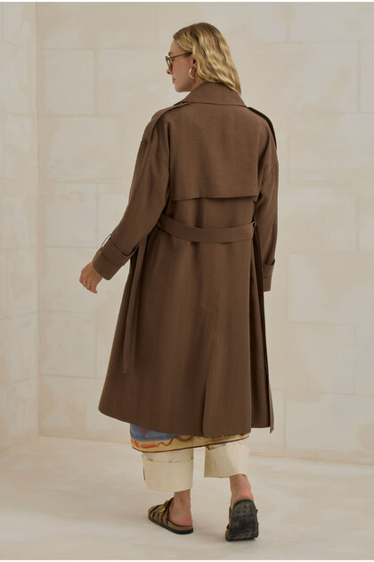 HEQA Windbreaker Tencel Long Trench Coat Brown- Trendyol