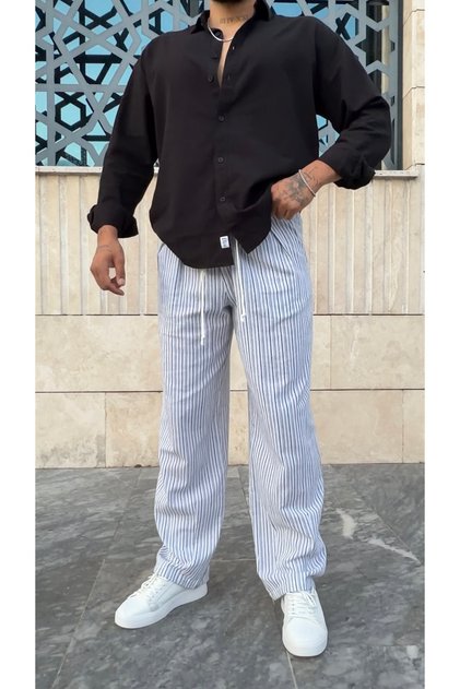 Çizgili Baggy Keten Pantolon