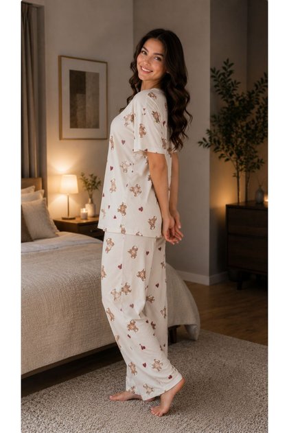 Embroidered Milan Knitted Short Sleeve Oversized Women's Pajama Set