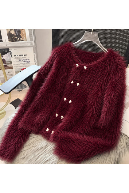 Women's Heart Buttoned Soft Look Knitwear Plush Basic Cardigan