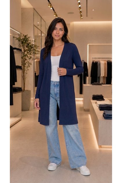 Women's Dark Blue Color Long Slit Basic Cardigan