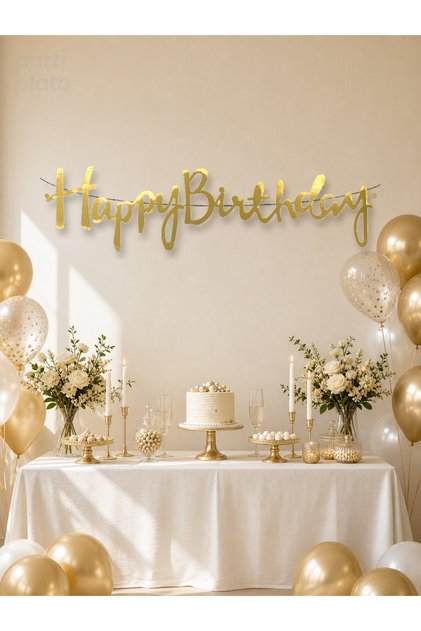 Happy Birthday Altın Yaldız Kaligrafi Yazılı Doğum Günü Banner Süsü 100 x 20 cm