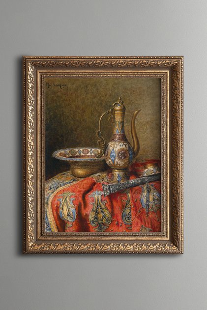 Ottoman Embroidered Copper Pitcher Still Life - Vintage Patterned Painting - Thick Model