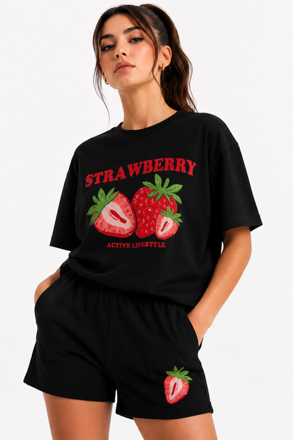 T-Shirt Shorts Set Strawberry Printed Oversize Fit Cotton