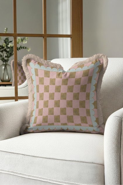 Geometric Checkered Pastel Fringed Pillowcase - Elegant Retro Boho Mint Cream Tassel Throw Pillow Cover