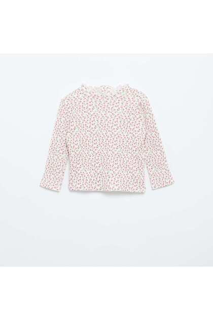 Ribbed T-Shirt with Scalloped Neck WHITE