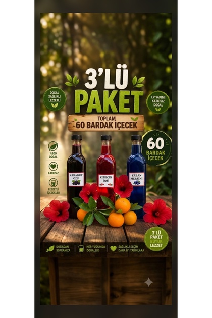 %100 DOĞAL 3'lü MEYVE ÖZÜ SETİ( Karadut-Kızılcık-Yaban Mersini 700Ml.)
