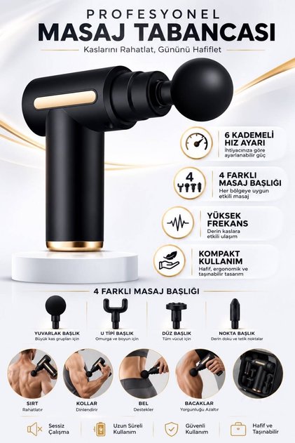 Compact 6 Kademeli 4 Başlıklı Masaj Tabancası Darbeli Rahatlatıcı Masaj Aleti Kas Sporcu Egzersiz Aleti