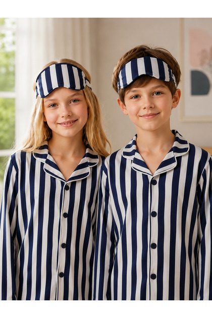 Girls and Boys Navy Blue Cotton Striped Long Sleeve Pajama Set + Eye Patch
