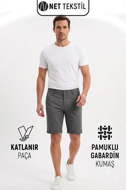 Erkek Gabardin Şort Antrasit Pamuklu Katlanabilir Paça Cepli