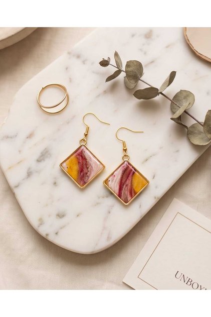 My Amber Flower Square Polymer Clay & Epoxy Handmade Earrings