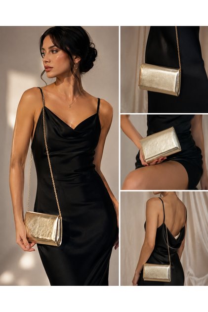 Women's Metallic Gold Extra Chain 0Muz Crossbody and Evening Dress Portfolio Clutch Bag