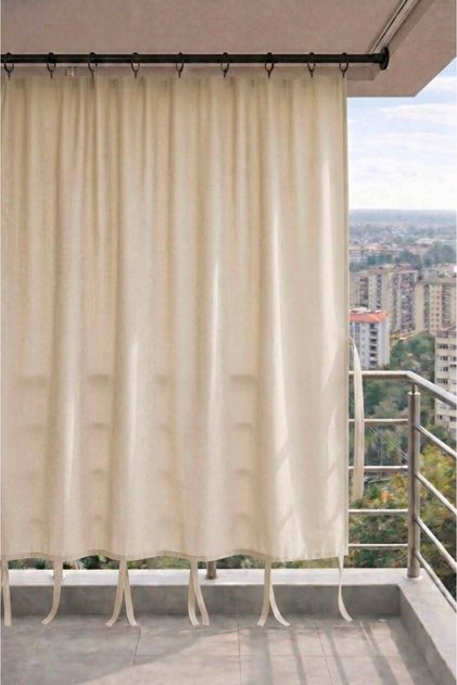 Beige Balcony Curtain with Ring Tiebacks, Water-Resistant Outdoor Modern Balcony Tarpaulin.