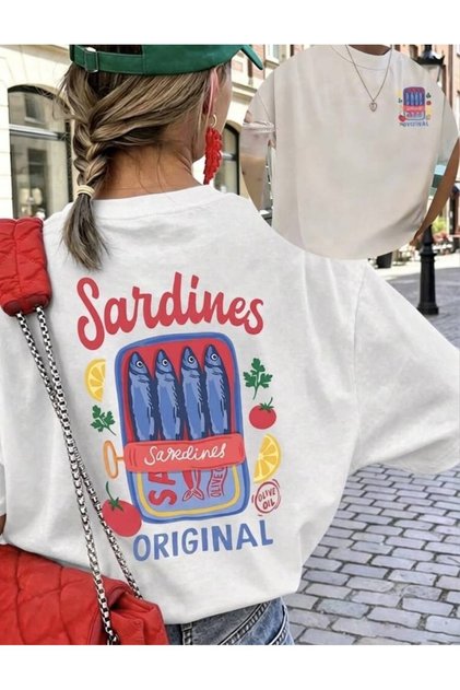 Women's Vegetable Sardines Original Fish Print Crew Neck T-Shirt
