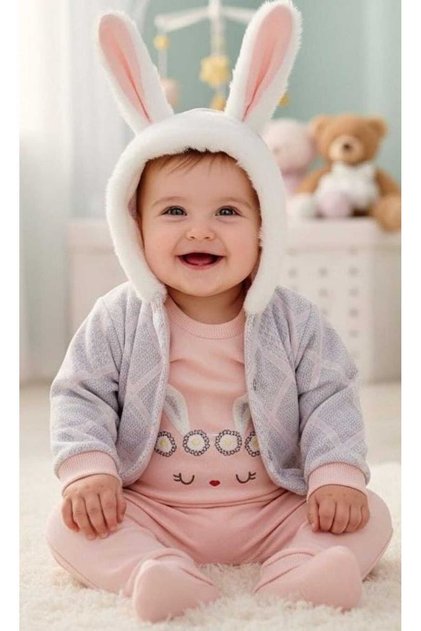 Baby Girl's Feathered Jacket with Ears, Rabbit Embroidered Bottom and Top Set, Cotton 3-Piece Set