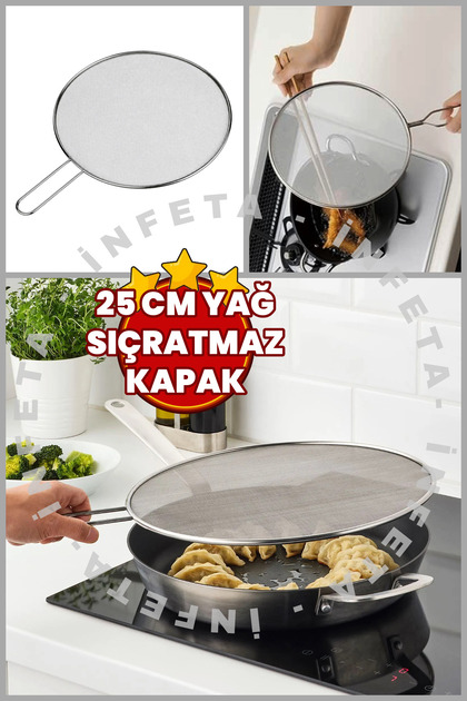 25 cm Yağ Sıçratmaz Kapak -Metal 14cm Saplı Kızartma Kapağı Yağ Sıçratmaz Tencere Tava Kapağı