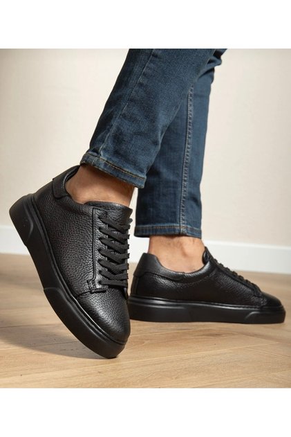 Men's Black Genuine Leather Orthopedic Flat Sole Sneaker