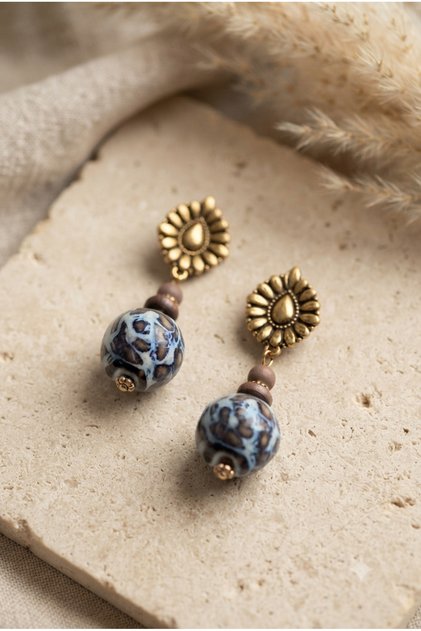 Handmade Blue Leopard Colored Ceramic Ball and Brass Apparatus Detailed Special Design Earrings