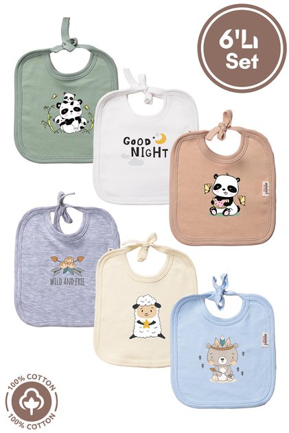 Baby Boy Newborn Combed Cotton 100% Cotton Printed Tie-On Baby Bib Set of 6