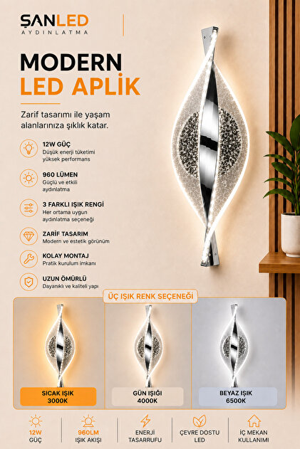 Decorative 12W Indoor Chrome Case 3 Color Light Modern Wall Sconce Electric 1 Piece