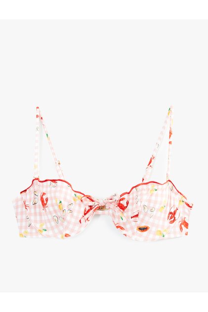 Fırfırlı Yengeç Baskılı Pötikareli Balenli Bikini Üstü
