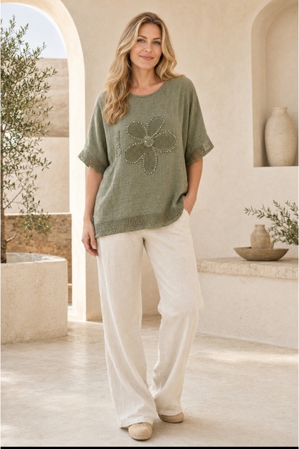 Daisy Embroidery Linen Blouse with Mesh Details, Suitable for Standard Sizes 38-48.