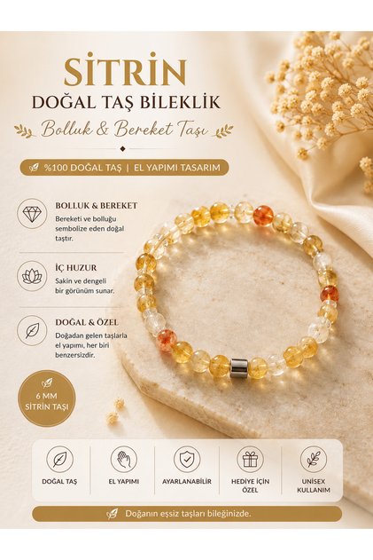 Leyan Natural Stone Citrine Bracelet 6 mm Men Women Unisex Abundance and Blessings