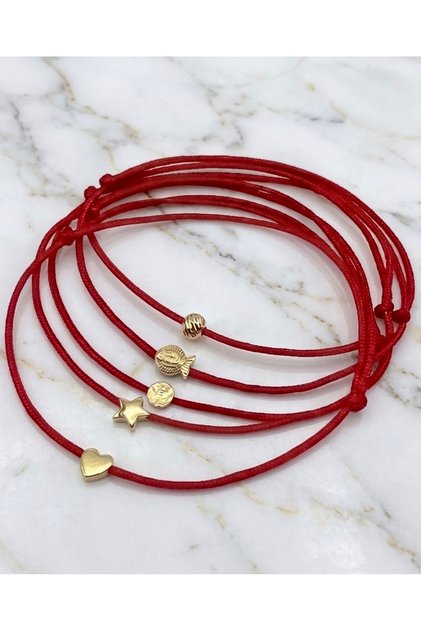 Set of 5 Minimal Red Rope Anklets with Heart, Star, Fish and Dorica Figures, Adjustable Anklets