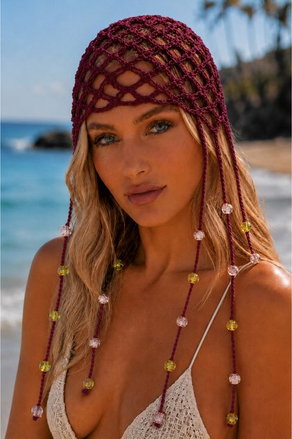 Bordo-Boncuklu Örgü Bohem Saç Aksesuarı File Yazlık Bere Şapka & Bandana - Kına Nedime Aksesuarı