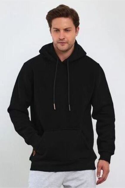 Men's 3 Thread Cotton Oversize Hoodie Sweatshirt with Pockets - Black