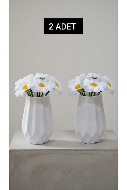 2 Adet el yapımı küçük boy taş vazoda yapay papatya 8'er dallı yapay papatya çiçek 13 x 7cm