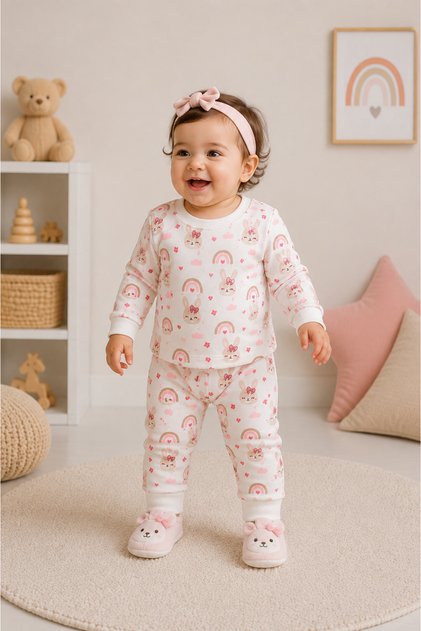 1 Piece 100% Cotton Baby Girl Pajama Set for 0-3 Years Old, 100% Cotton – Rainbow and Safari Patterned, 1 Piece