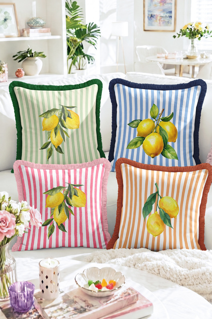 Striped Background with Lemon and Leaf Pattern 4-Piece Fringed-Tasseled Throw Pillow Cover Set
