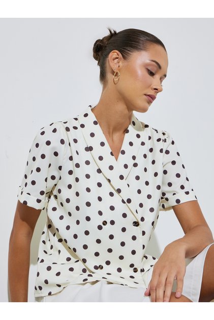 Off-White Polka Dot Short Sleeve Wrap Blouse