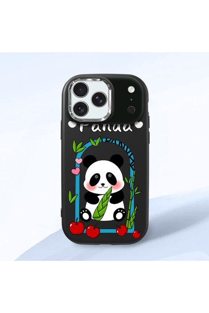 iPhone 17 Pro Compatible Case Camera Protector Black Silicone Couple Phone Case Panda Pattern