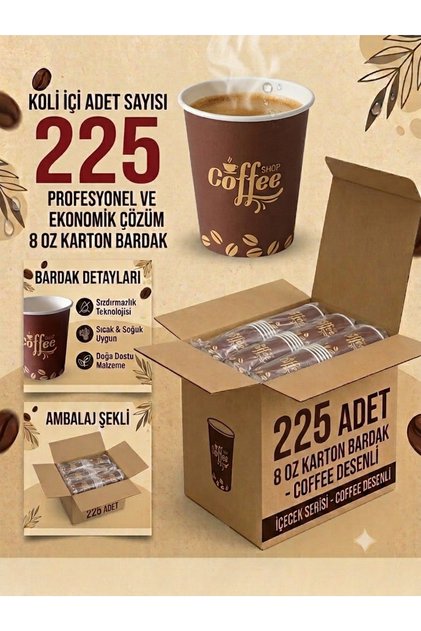 225 Adet 8 Oz Karton Bardak 240 ml Kapasiteli Sızdırmaz Kahve Çay Meşrubat Bardağı Sıcağa Dayanıklı Karton Bardak