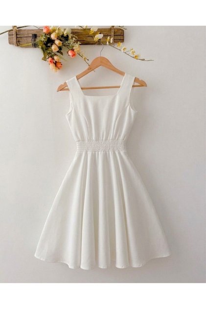 Girl's White Color Dress with Elastic Waist and Stylish Combination of Details