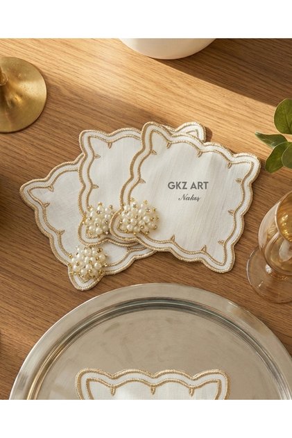 3 Pieces of Embroidered Linen Fabric Coffee Cocktail Napkins & Coaster Napkins (with Pearl Stones)