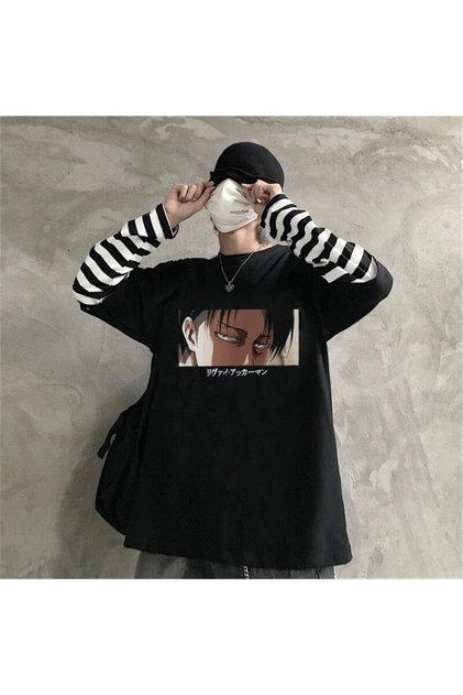 Mi̇ngalondon Touz Black Attack on Titan Levi Color Unisex Striped Sleeve T-Shirt