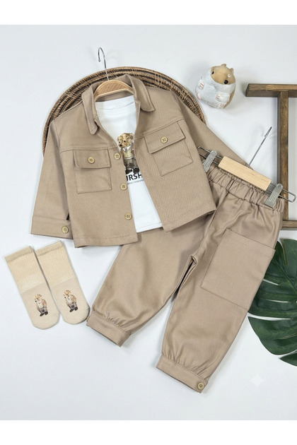 Teddy Bear Printed, Buttoned Front, Socks, Badge, Pocket Detail, Gabardine Lycra 4-Piece Baby Boy/Child Set