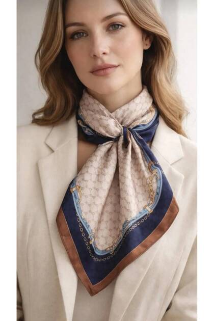 Women's 70X70 cm Navy Blue Cream Chain Patterned Satin Scarf