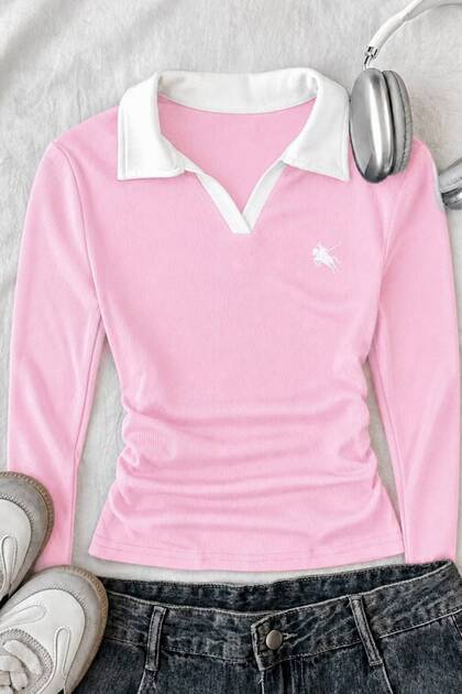 Soul Polo Collar Embroidered Gathered Long Sleeve Blouse