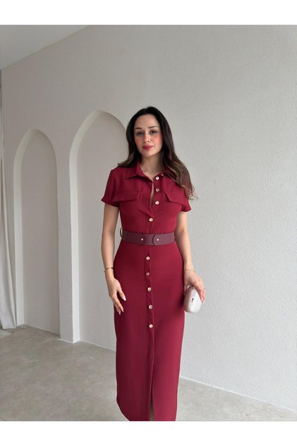 HAYİS Düğme Detaylı Midi Elbise 4633 - Bordo