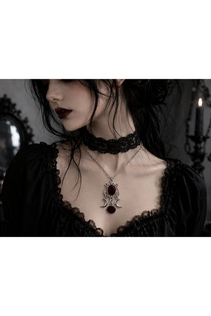 Gothic Necklace with Burgundy Detail and Double Crescent Figure – Mystical Vintage Style Necklace